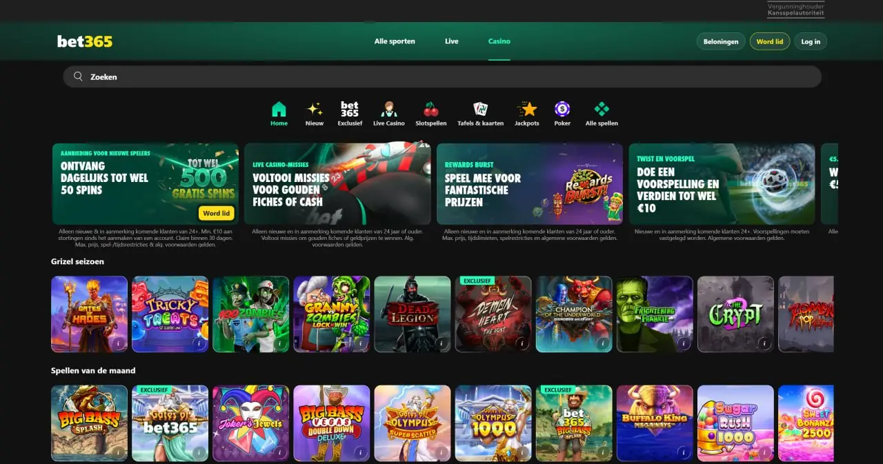 Casino-overzicht van Bet365 met spelcategorieën en slots