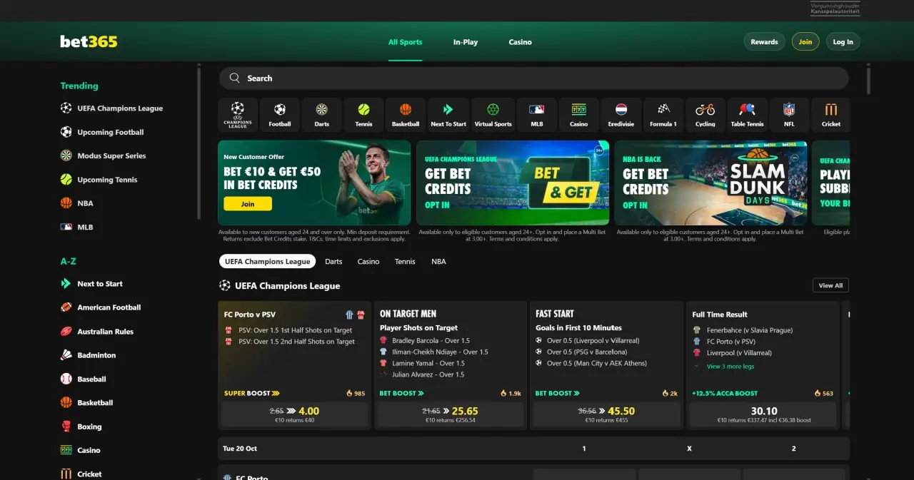 Sportomgeving van Bet365 met competities en wedstrijden