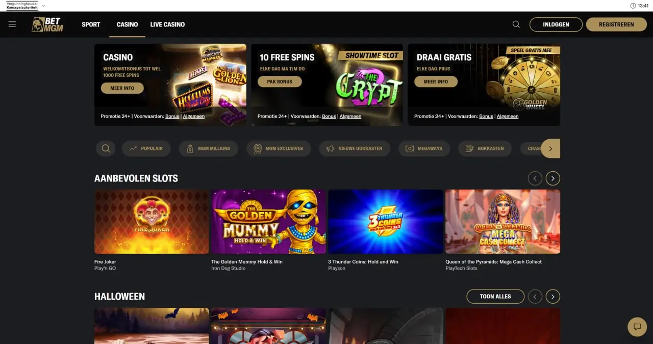 Casino-overzicht van BetMGM met slots en spelcategorieën