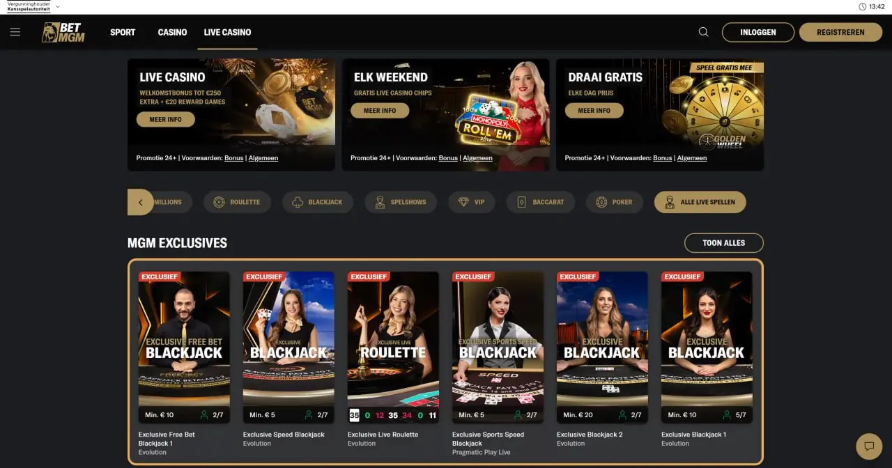 Live casino van BetMGM met blackjack en roulette