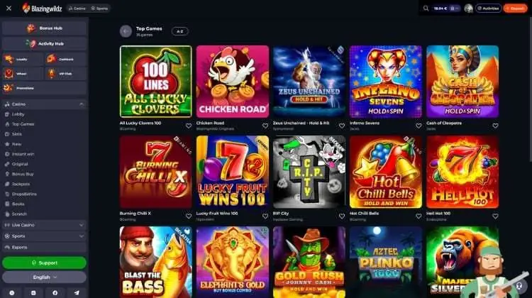 Casino-overzicht van BlazingWildz met gokkasten en spelcategorieën