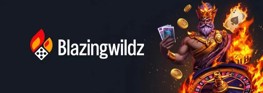 BlazingWildz-logo naast een figuur met speelkaarten en een roulettewiel