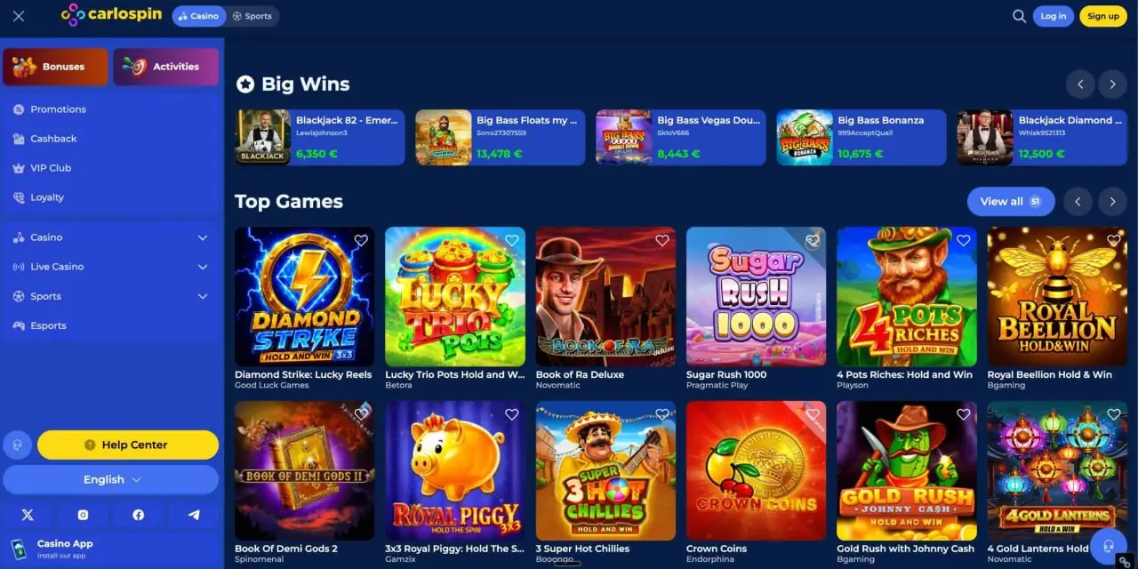 Casino-overzicht van Carlospin met gokkasten en spelcategorieën