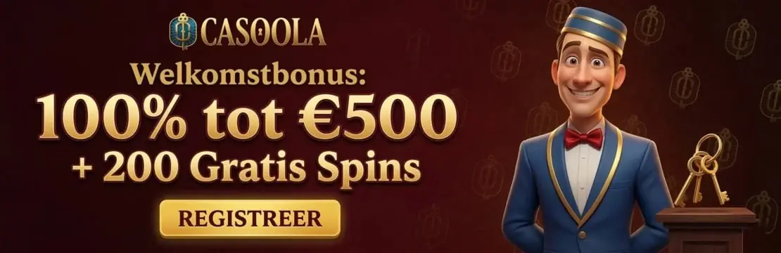 Promotiebanner van Casoola met een welkomstbonus en gratis spins
