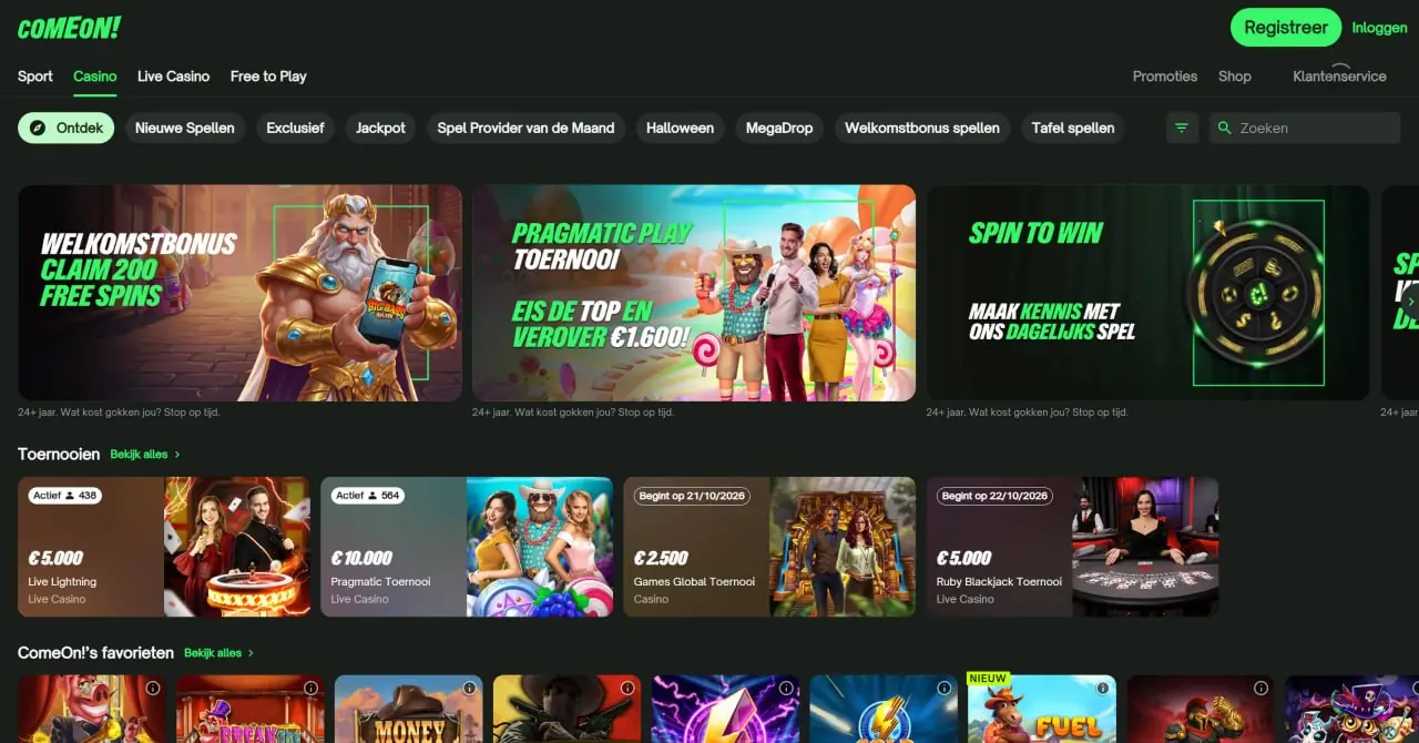 Casino-overzicht van ComeOn met spelcategorieën en toernooien