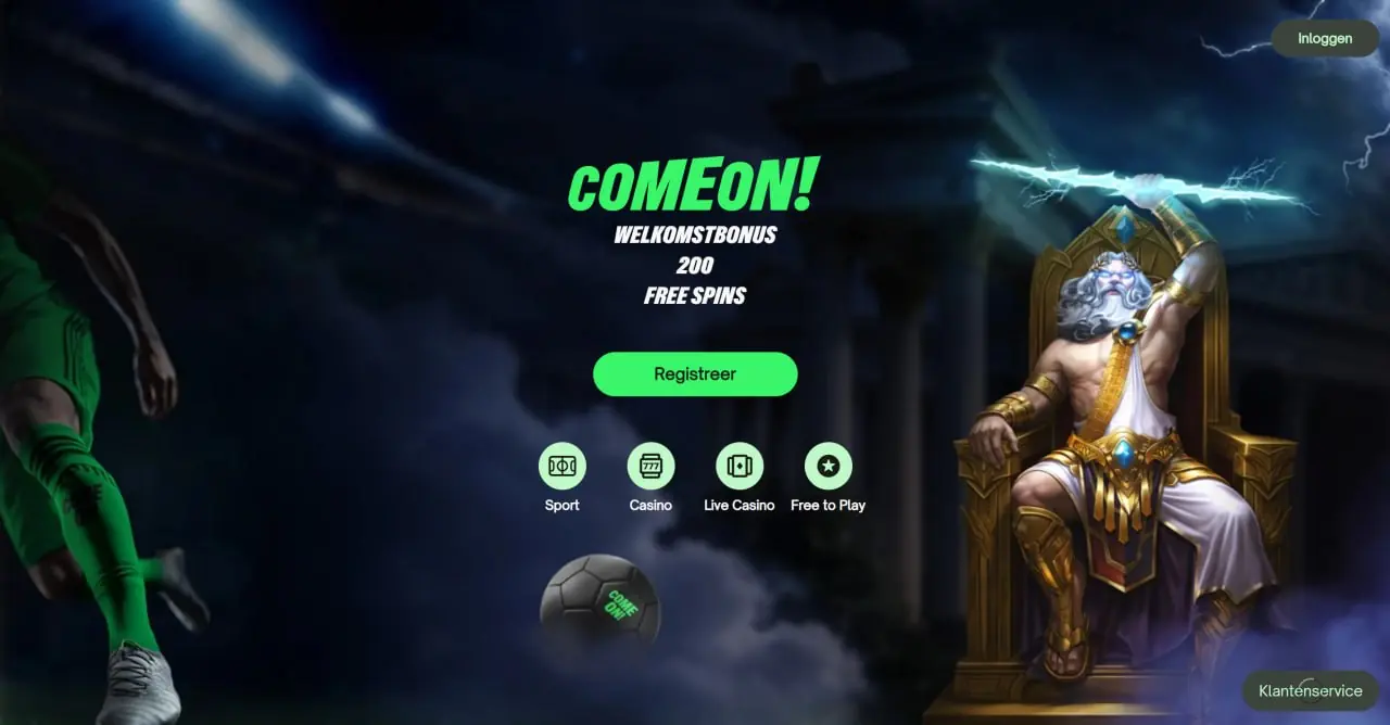 Startpagina van ComeOn met navigatie naar sport, casino en live casino