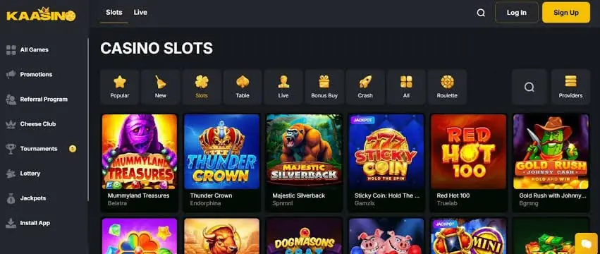 Gokkastenoverzicht van Kaasino met slots en spelcategorieën