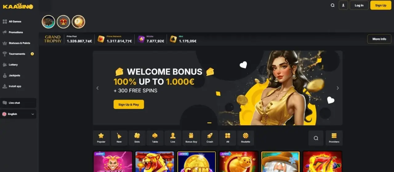 Homepage van Kaasino met promotiebanner en spelcategorieën
