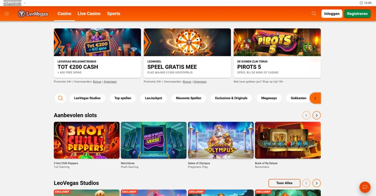 Casino-overzicht van LeoVegas met spelcategorieën en aanbevolen slots
