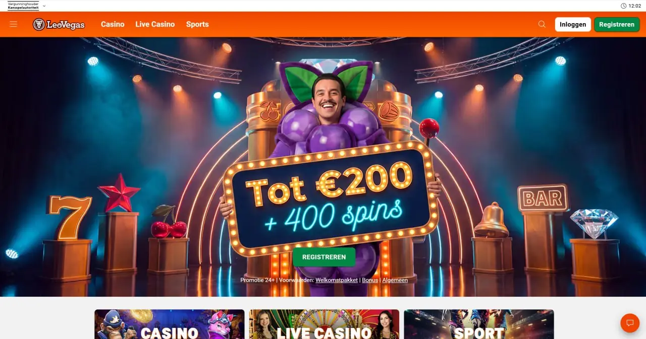 Startpagina van LeoVegas met navigatie naar sport, casino en live casino
