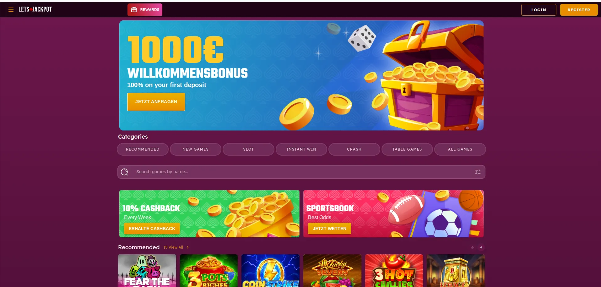 LetsJackpot casino lobby