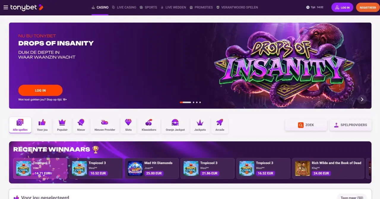 Casino-omgeving van TonyBet met slots en spelcategorieën