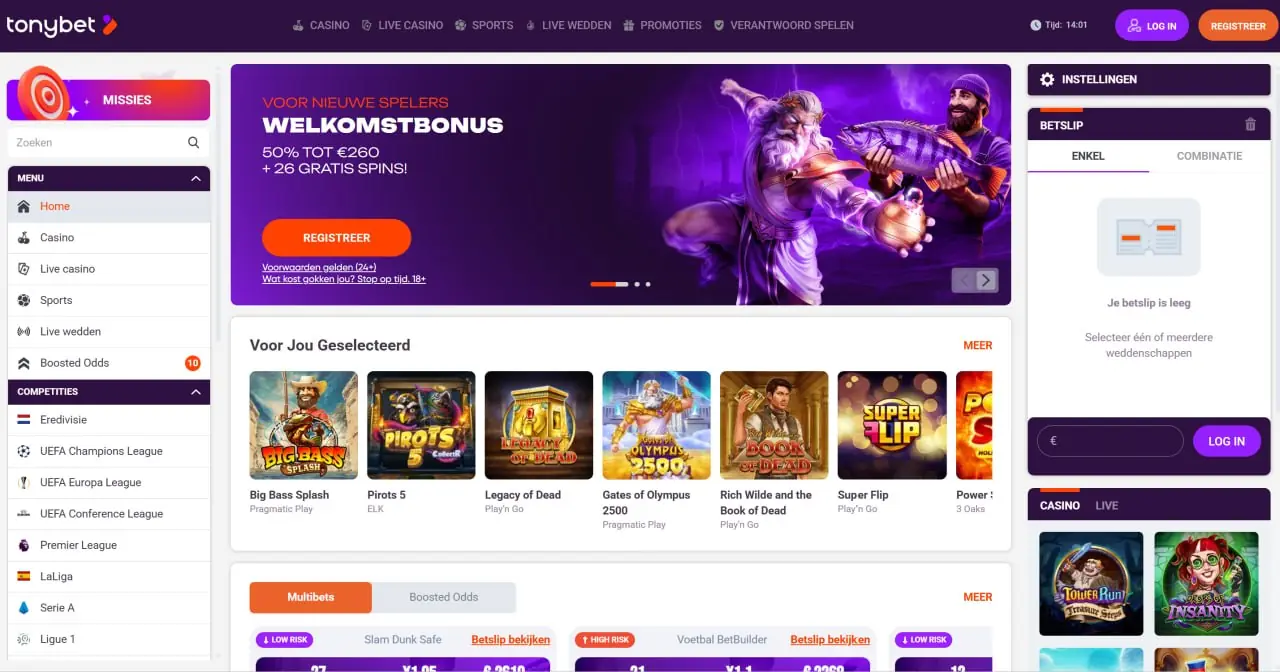 Homepage van TonyBet met casino en sportaanbod