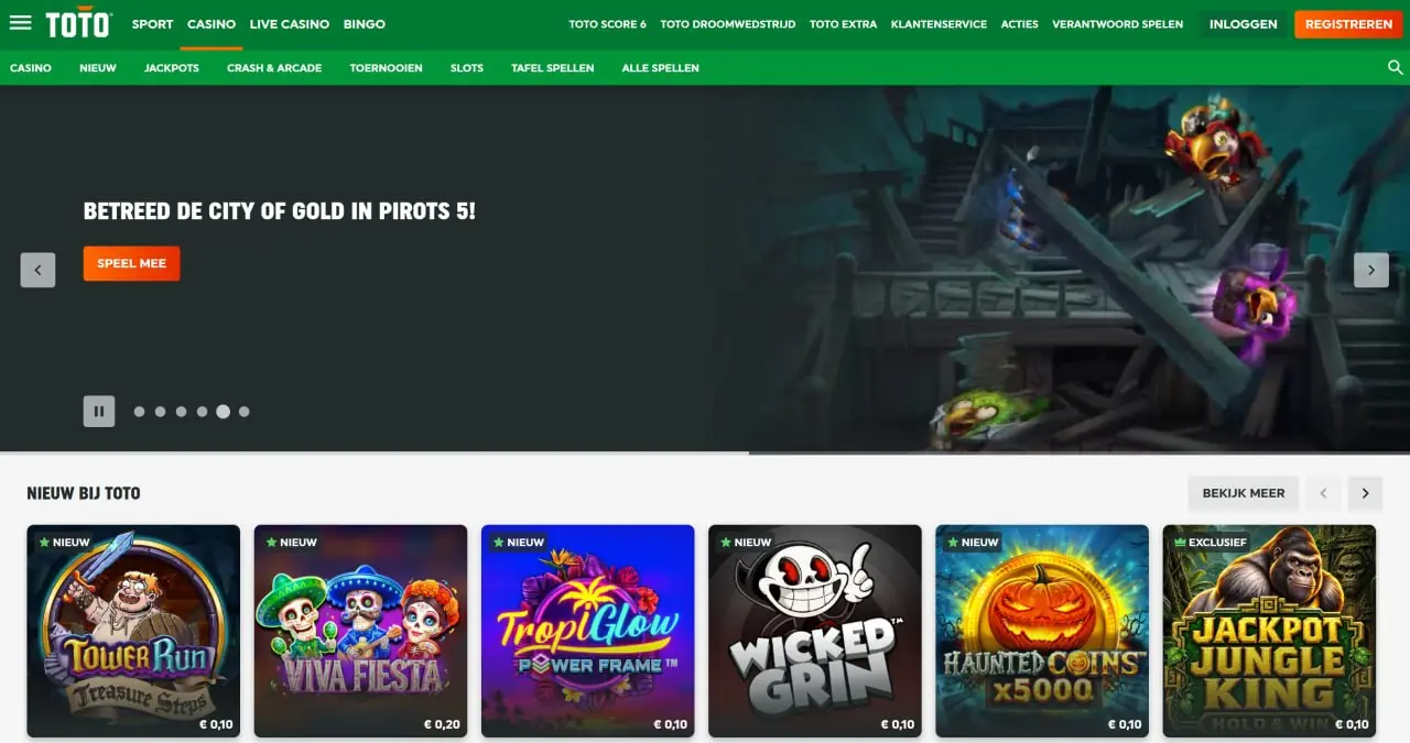 Casino-overzicht van TOTO met spelcategorieën en nieuwe slots