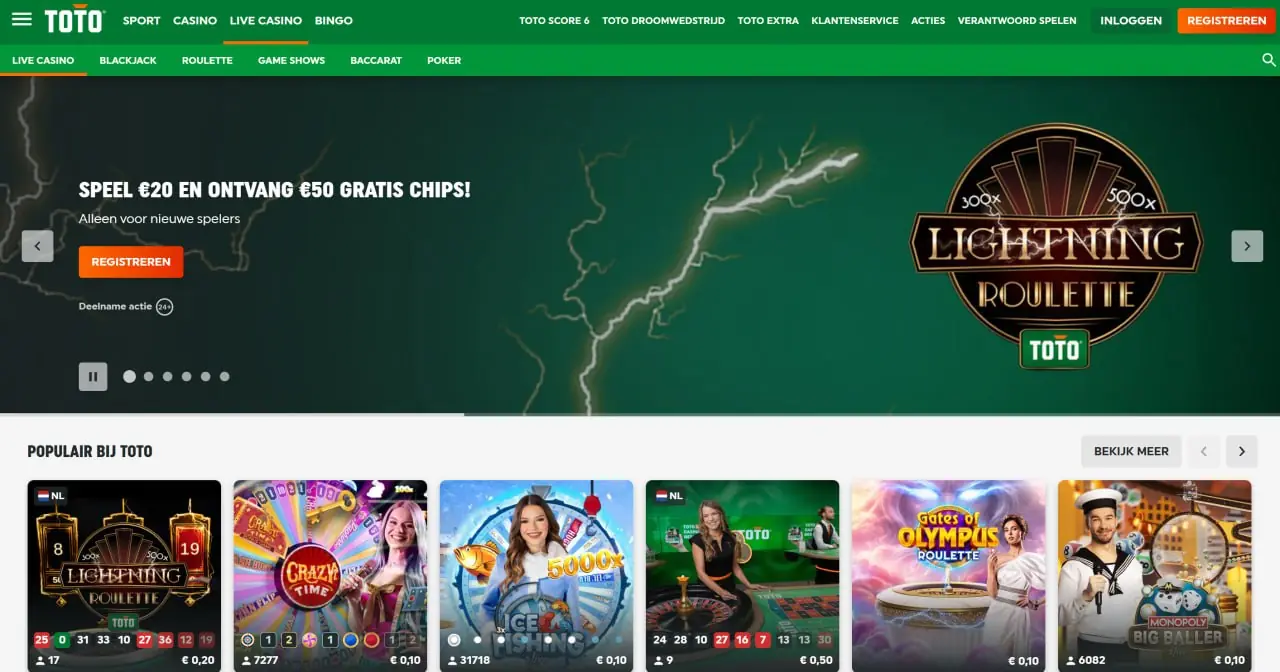Live casino van TOTO met roulette en live tafelspellen