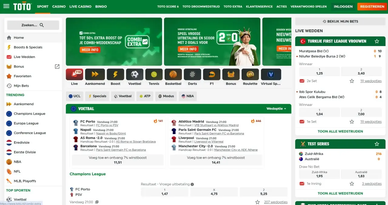 Sportomgeving van TOTO met wedstrijden en sportcategorieën